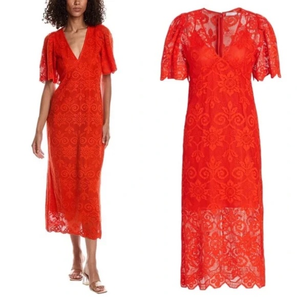 RHODE Eda Tuileries Lace V-Neck Midi Dress Size 2 Electric Red NWT $495